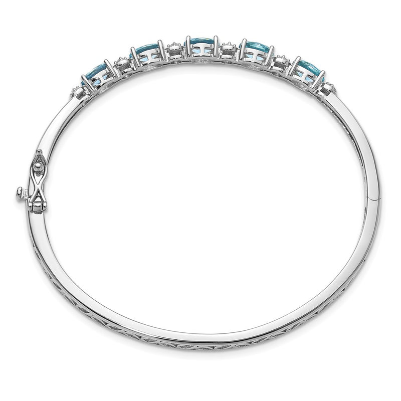 Sterling Silver Cheryl M Rhodium-Plated Aqua Glass & CZ Hinged Bangle