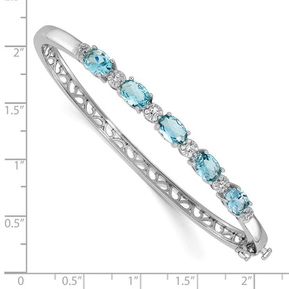 Sterling Silver Cheryl M Rhodium-Plated Aqua Glass & CZ Hinged Bangle