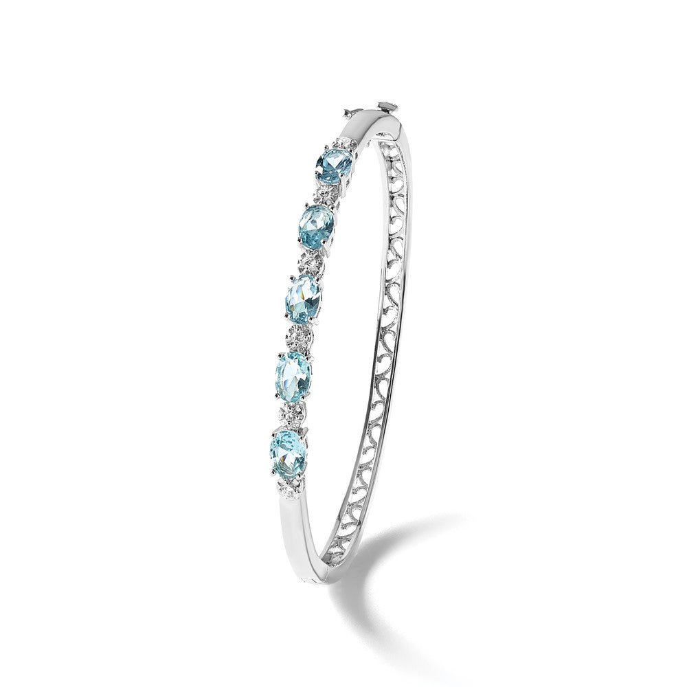 Sterling Silver Cheryl M Rhodium-Plated Aqua Glass & CZ Hinged Bangle