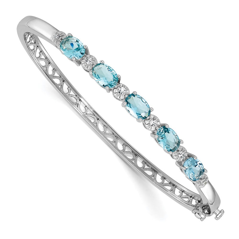 Sterling Silver Cheryl M Rhodium-Plated Aqua Glass & CZ Hinged Bangle