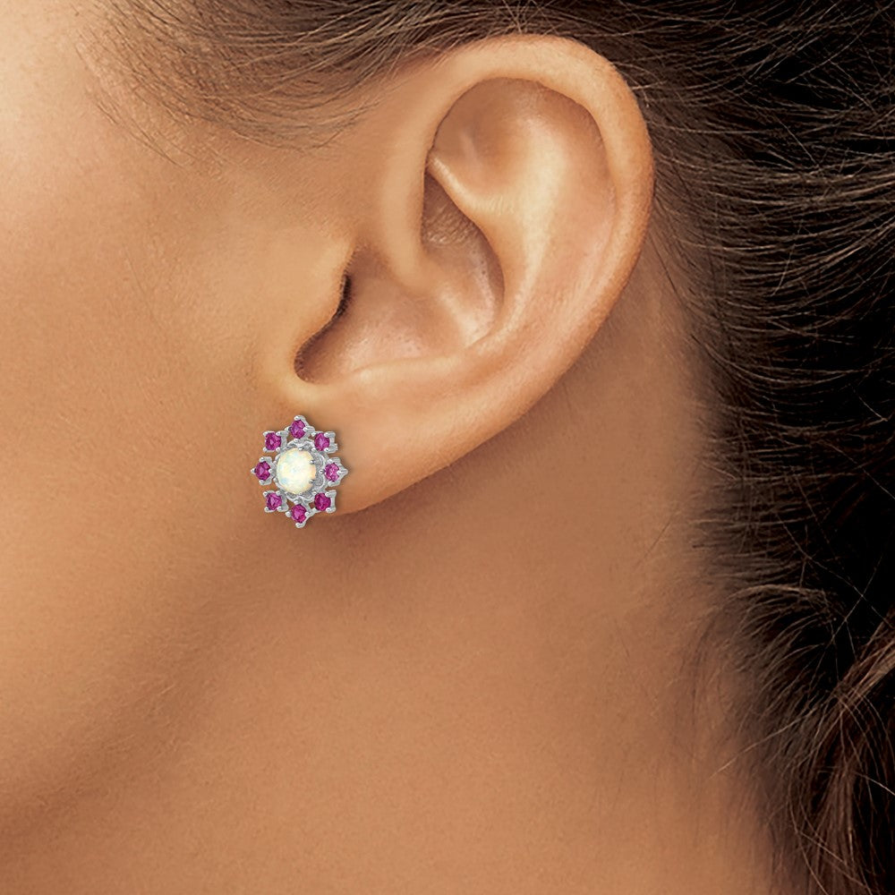 Sterling Silver Cheryl M Rh-Pltd Cr. Opal & Pink Crystal Flower Post Earrings