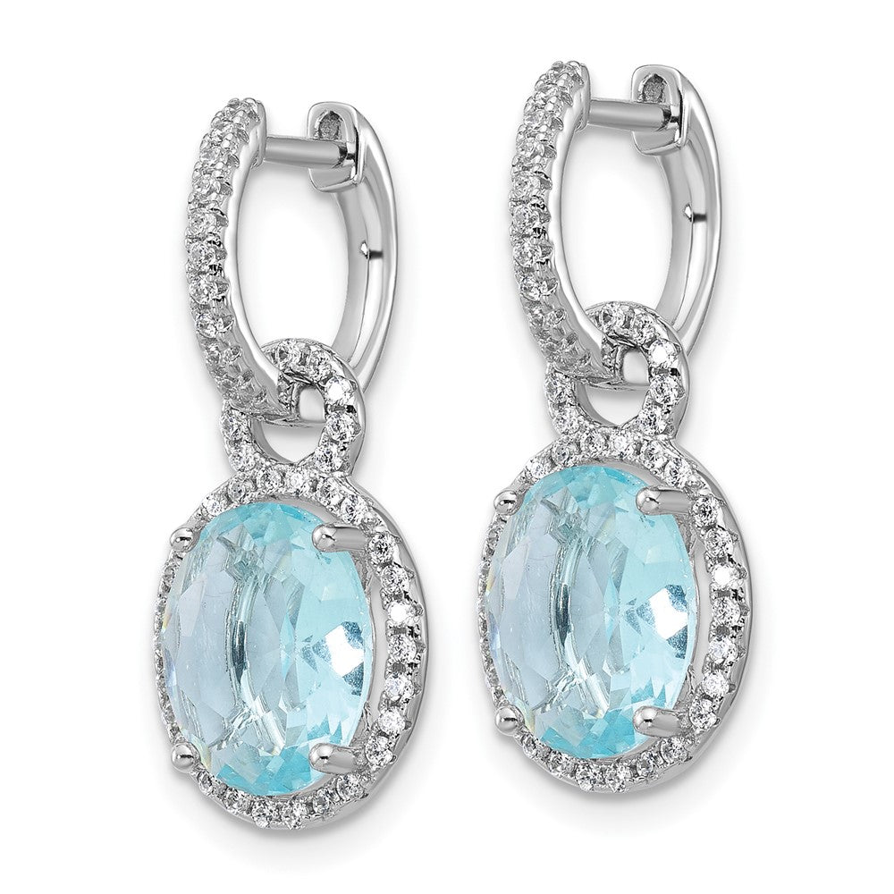 Sterling Silver Cheryl M Rh-Pltd Aqua Glass & CZ Dangle Hoop Earrings