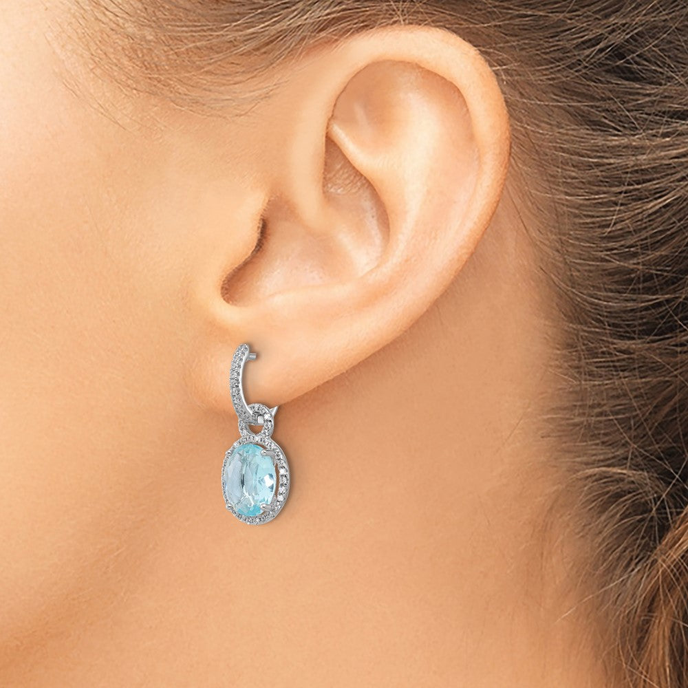 Sterling Silver Cheryl M Rh-Pltd Aqua Glass & CZ Dangle Hoop Earrings