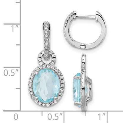 Sterling Silver Cheryl M Rh-Pltd Aqua Glass & CZ Dangle Hoop Earrings