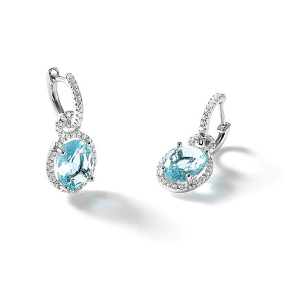 Sterling Silver Cheryl M Rh-Pltd Aqua Glass & CZ Dangle Hoop Earrings