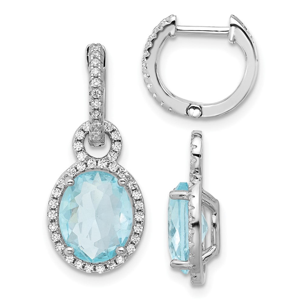 Sterling Silver Cheryl M Rh-Pltd Aqua Glass & CZ Dangle Hoop Earrings