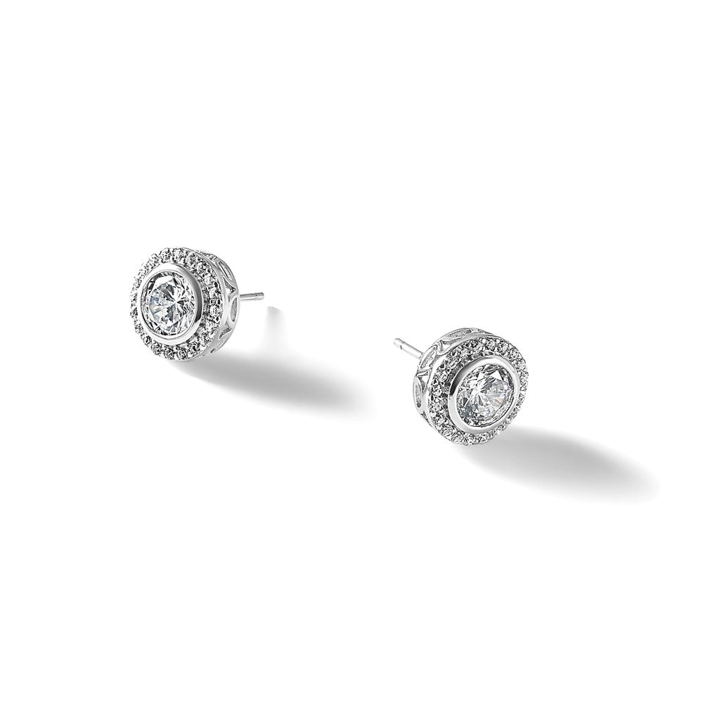 Sterling Silver Cheryl M Rhodium-Plated CZ Halo Post Earrings