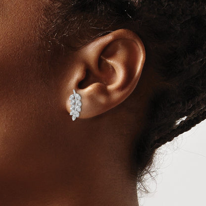 Sterling Silver Cheryl M Rh-Pltd Polished CZ Leaf Post Earrings