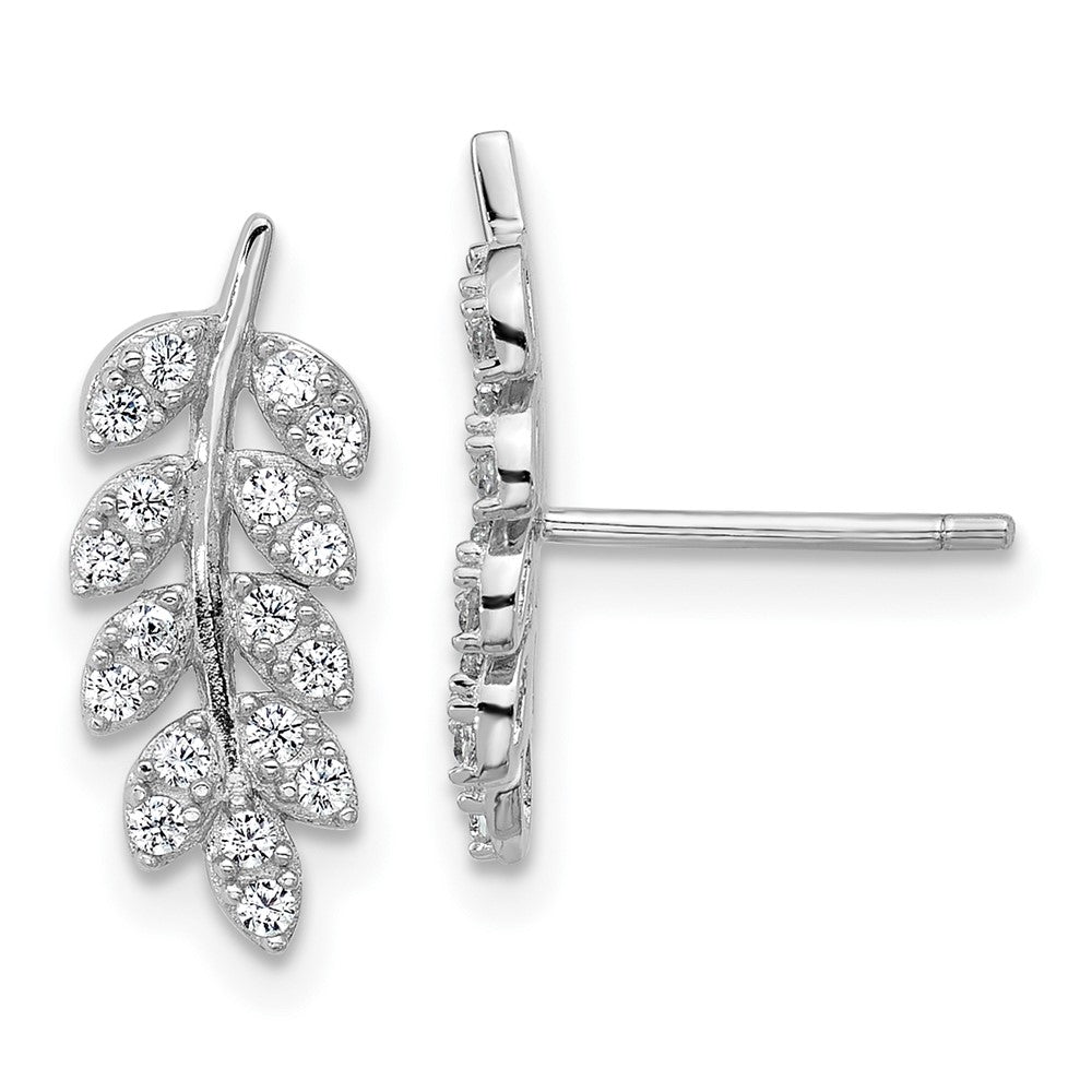 Sterling Silver Cheryl M Rh-Pltd Polished CZ Leaf Post Earrings