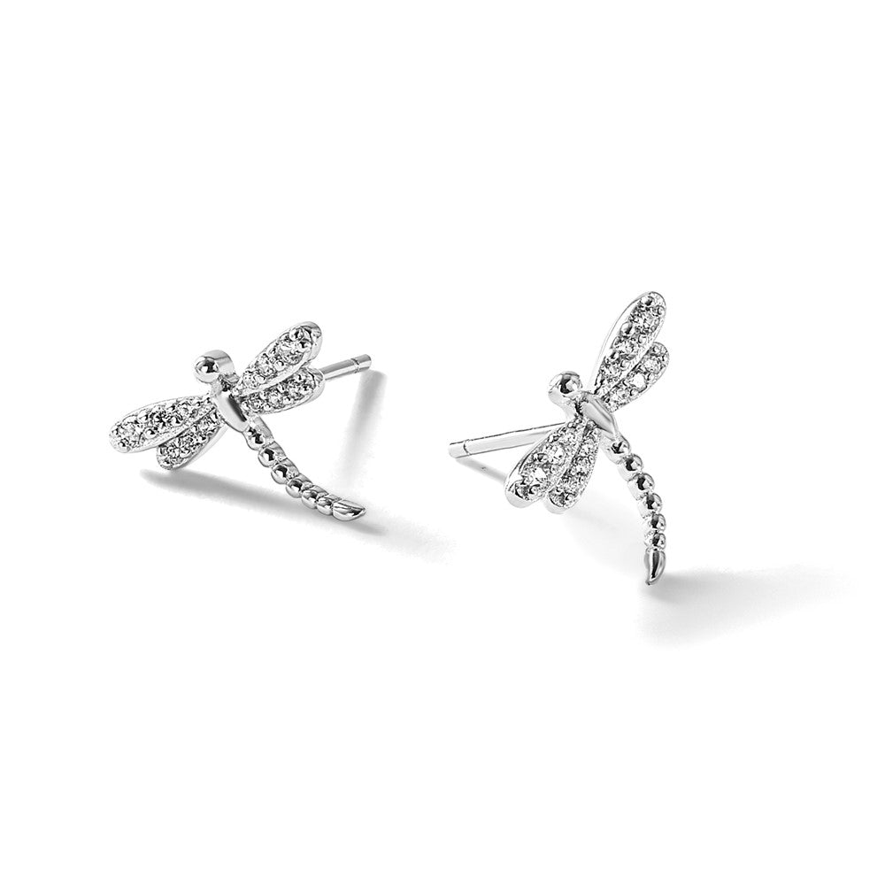 Sterling Silver Cheryl M Rh-Pltd Polished CZ Dragonfly Post Earrings