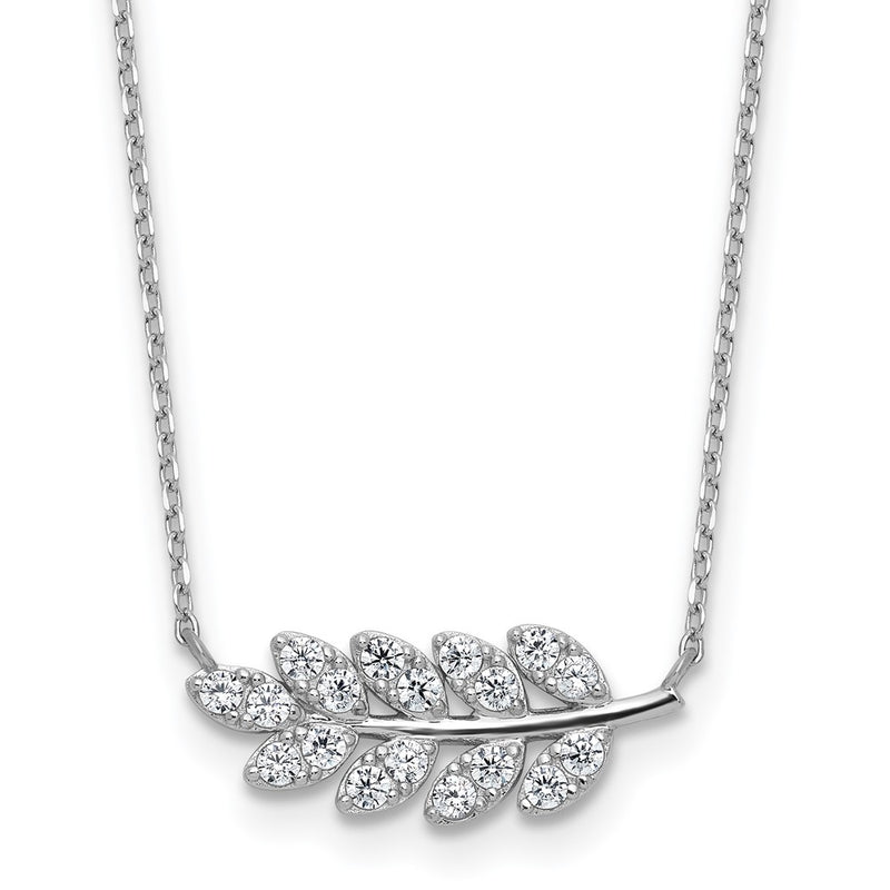 Sterling Silver Cheryl M Rhodium Plated Polished CZ Leaf Necklace