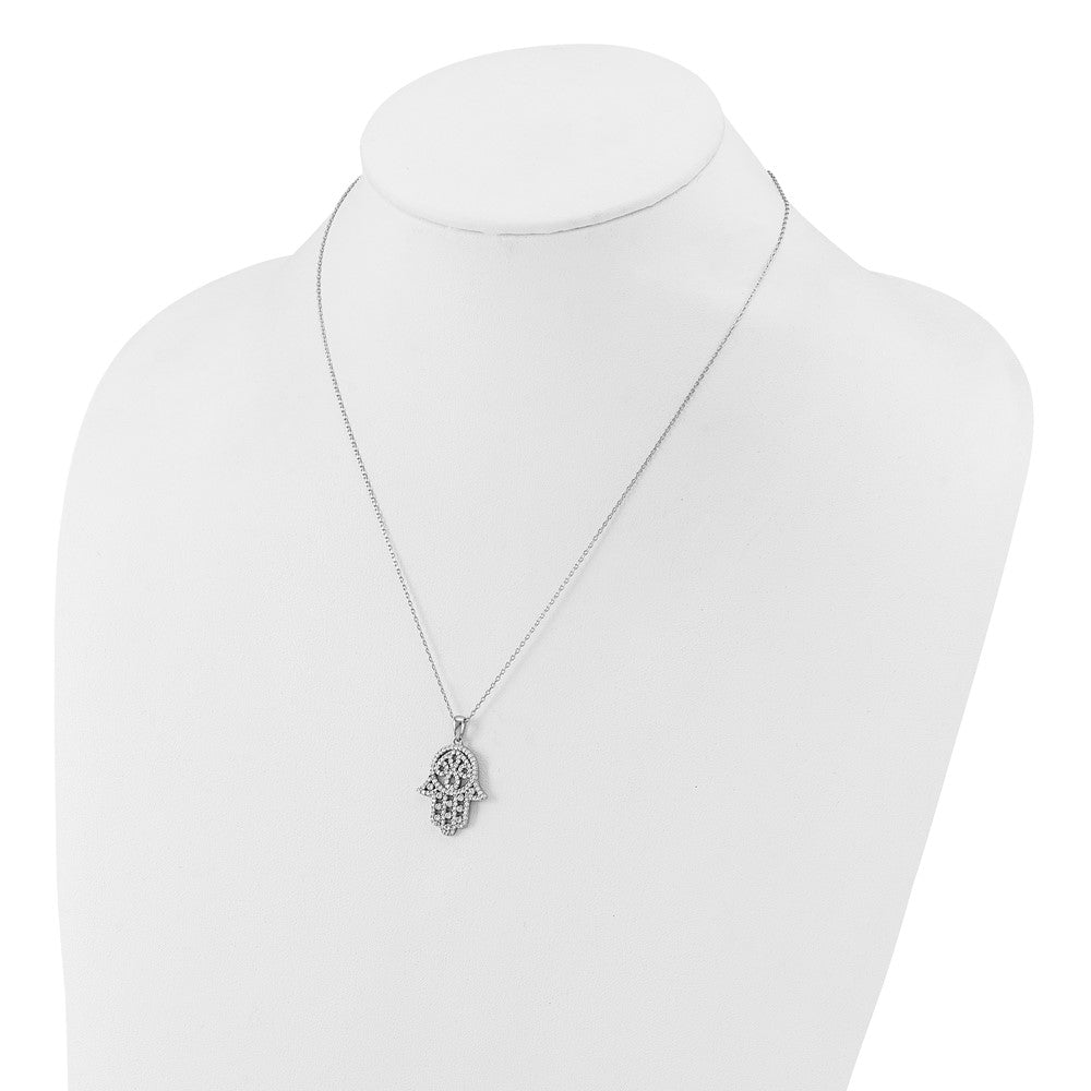 Sterling Silver Cheryl M Rh-Pltd Polished CZ Hamsa Necklace
