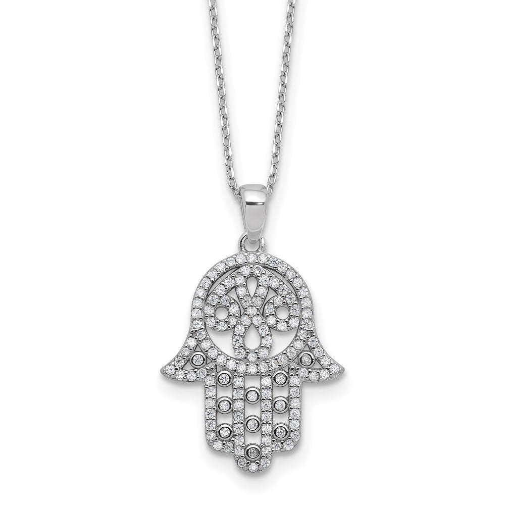 Sterling Silver Cheryl M Rh-Pltd Polished CZ Hamsa Necklace