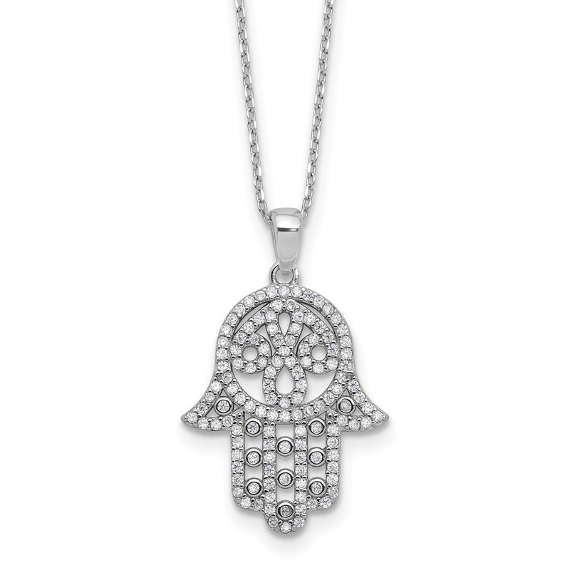 Sterling Silver Cheryl M Rh-Pltd Polished CZ Hamsa Necklace