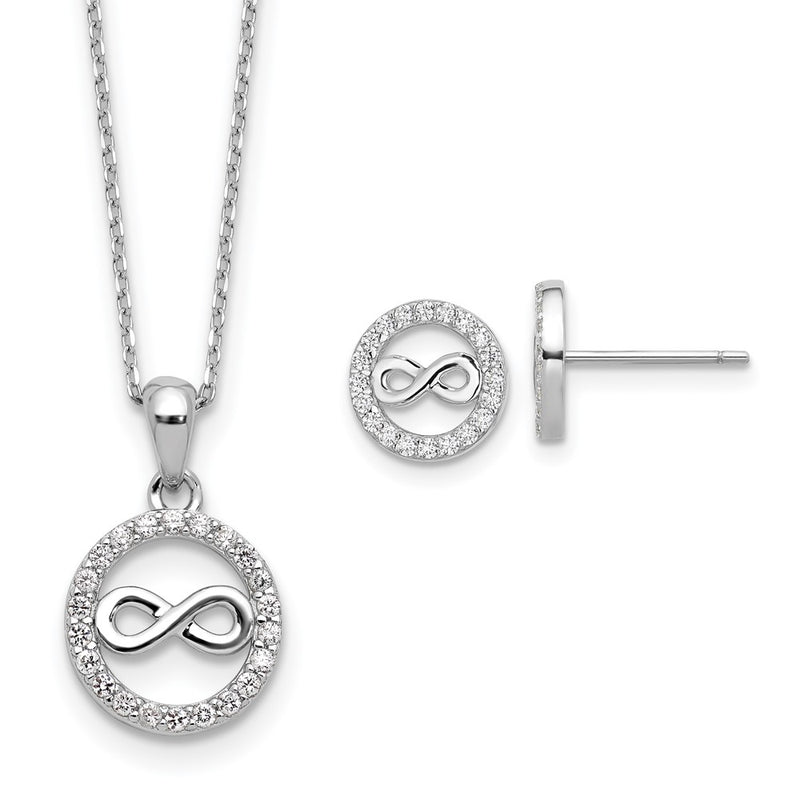 Sterling Silver Cheryl M Rh-Pltd CZ Infinity Circle Necklace/post Earrings Set