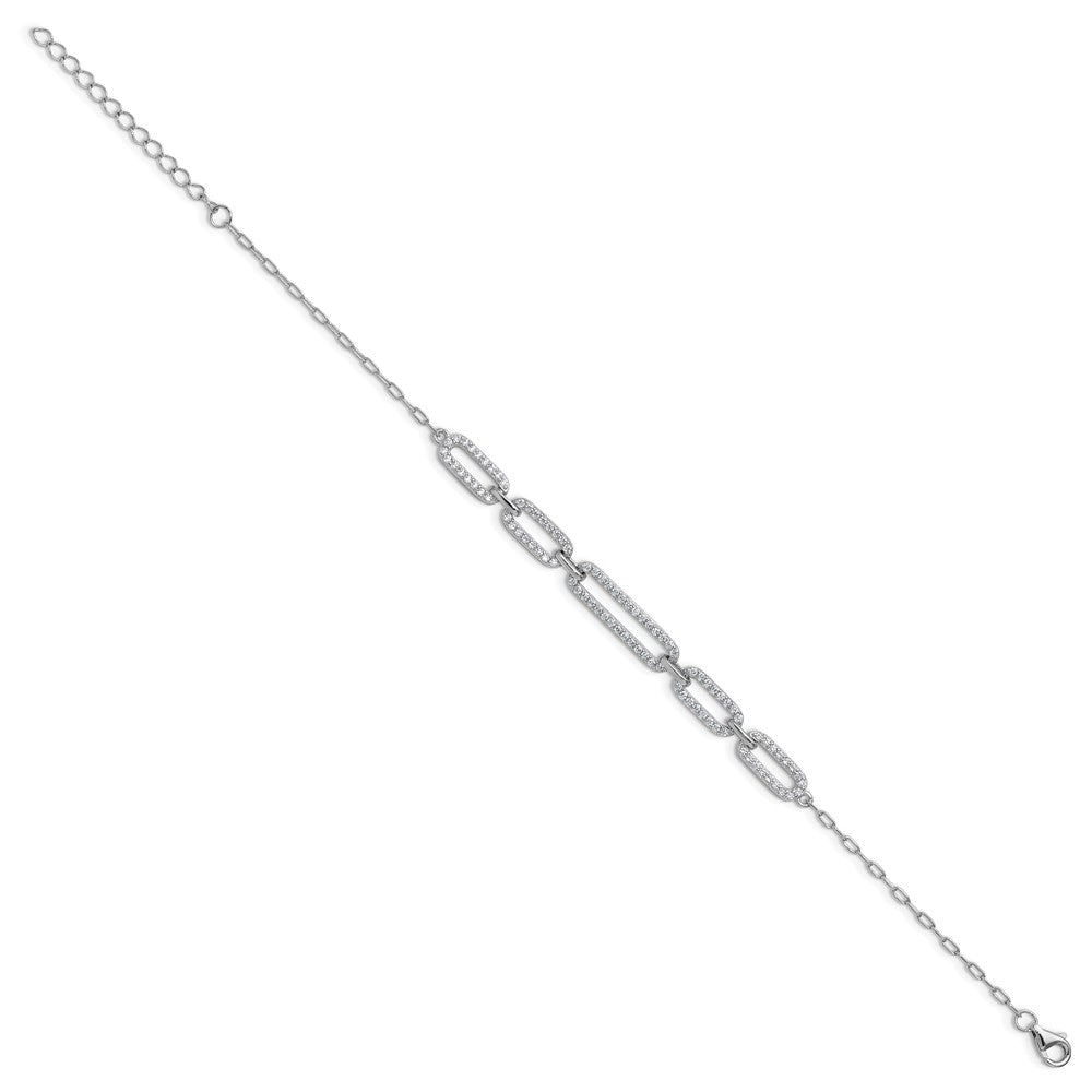 Sterling Silver Cheryl M Rhodium Plated Polished CZ Link W/ 1.5in Ext Bracelet