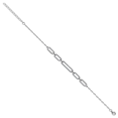 Sterling Silver Cheryl M Rhodium Plated Polished CZ Link W/ 1.5in Ext Bracelet
