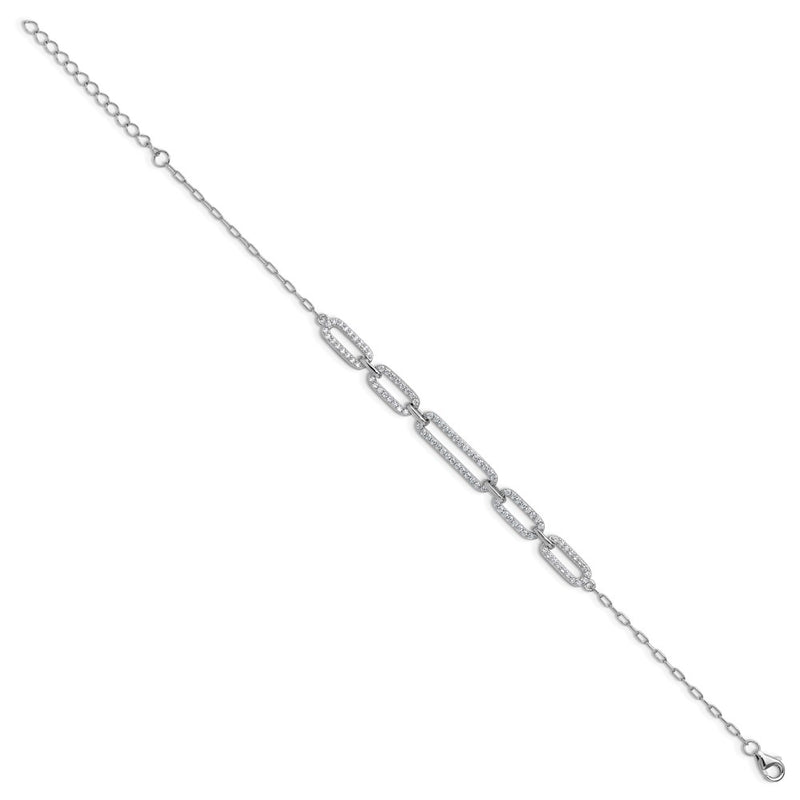 Sterling Silver Cheryl M Rhodium Plated Polished CZ Link W/ 1.5in Ext Bracelet