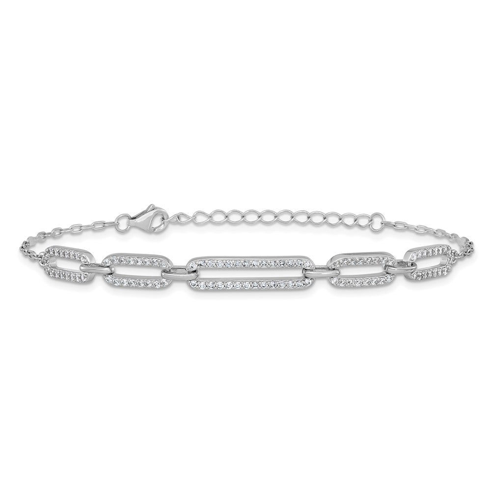 Sterling Silver Cheryl M Rhodium Plated Polished CZ Link W/ 1.5in Ext Bracelet