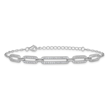 Sterling Silver Cheryl M Rhodium Plated Polished CZ Link W/ 1.5in Ext Bracelet