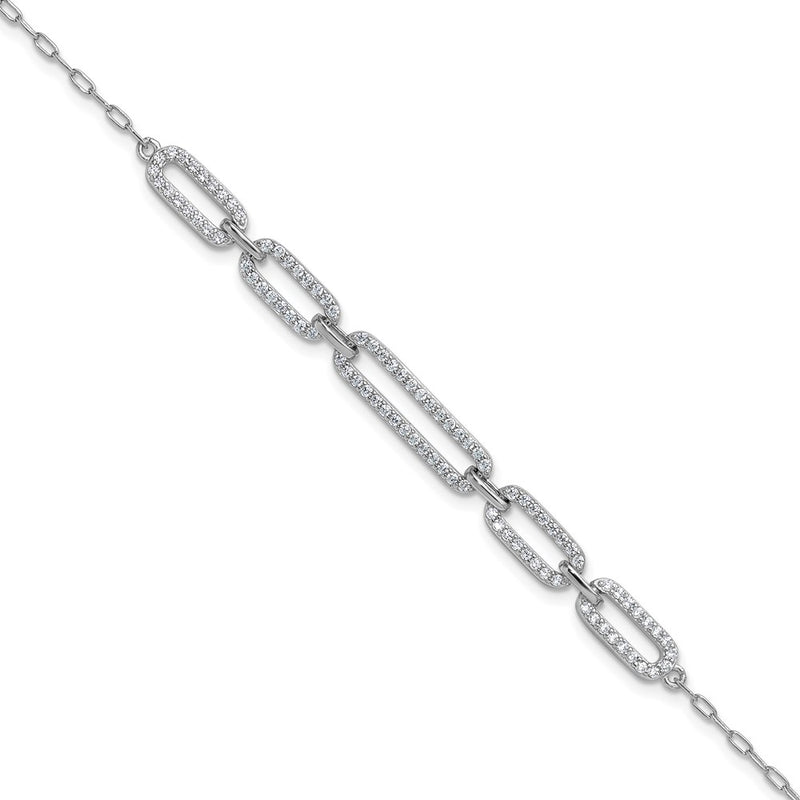 Sterling Silver Cheryl M Rhodium Plated Polished CZ Link W/ 1.5in Ext Bracelet