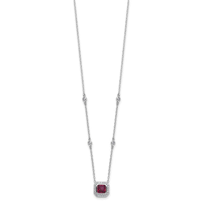 Sterling Silver Cheryl M Rhodium Plated Fancy Created Ruby and CZ Necklace