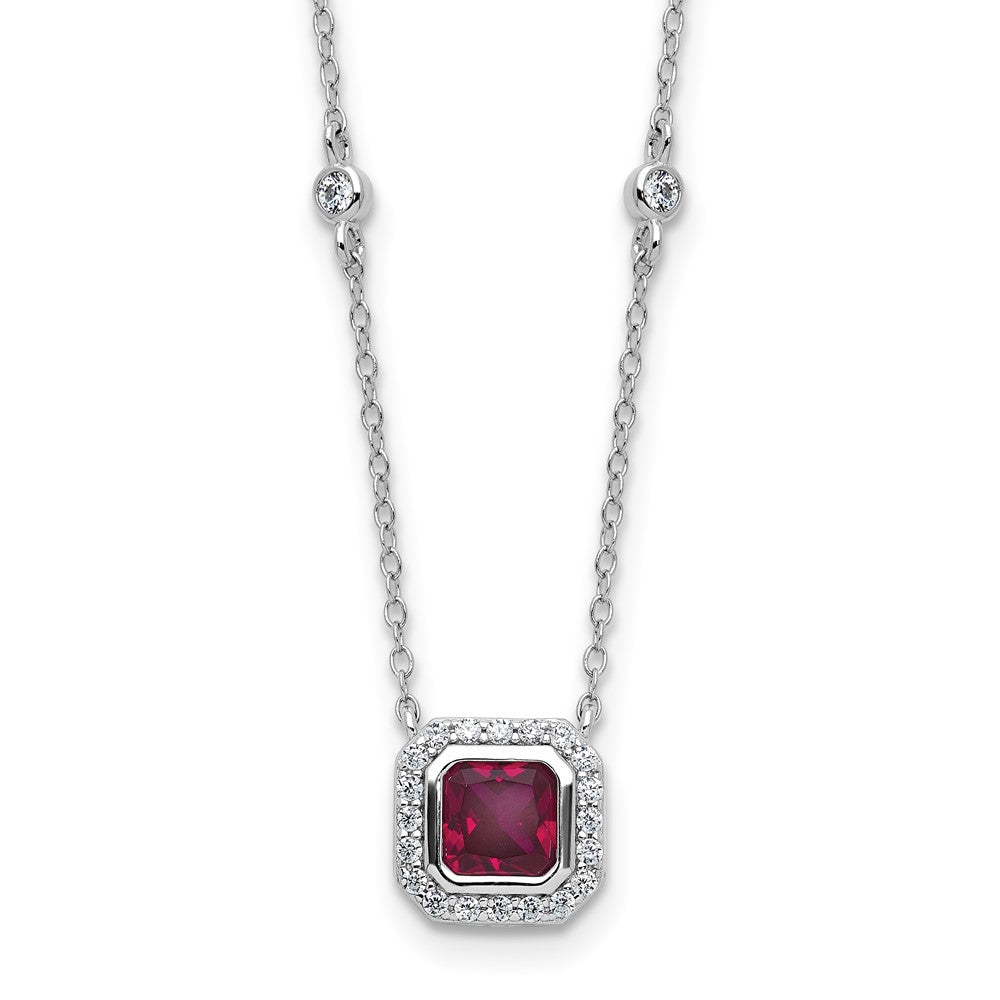 Sterling Silver Cheryl M Rhodium Plated Fancy Created Ruby and CZ Necklace