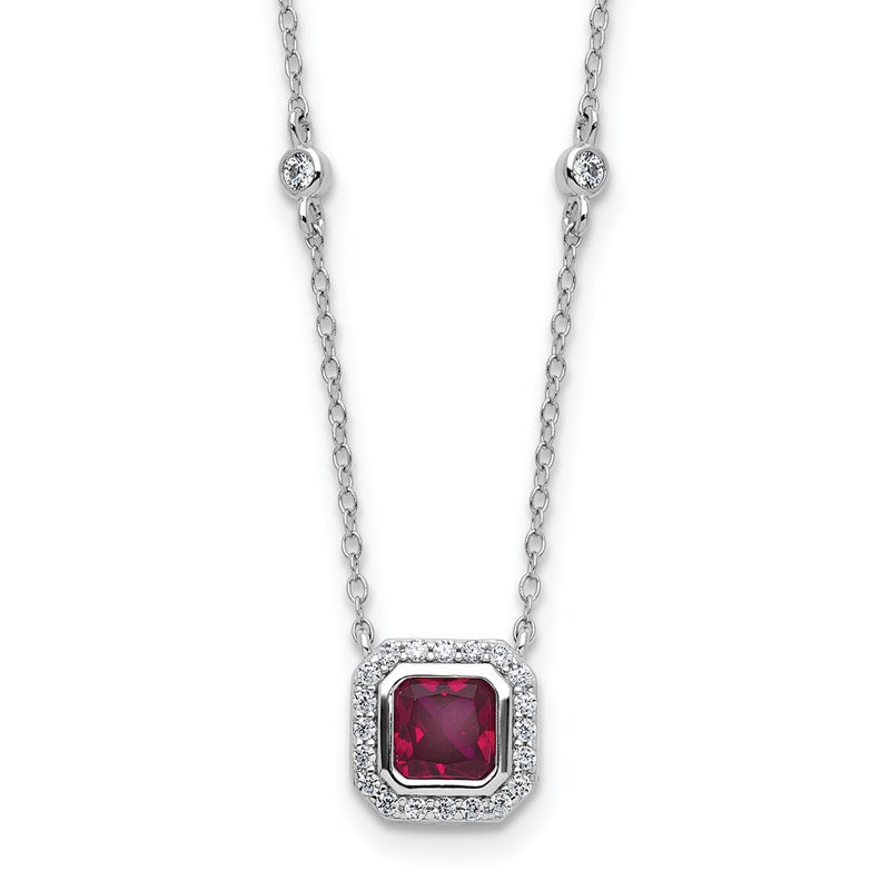 Sterling Silver Cheryl M Rhodium Plated Fancy Created Ruby and CZ Necklace