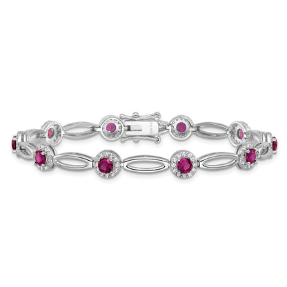 Sterling Silver Cheryl M Rhodium Plated Fancy Created Ruby and CZ Bracelet