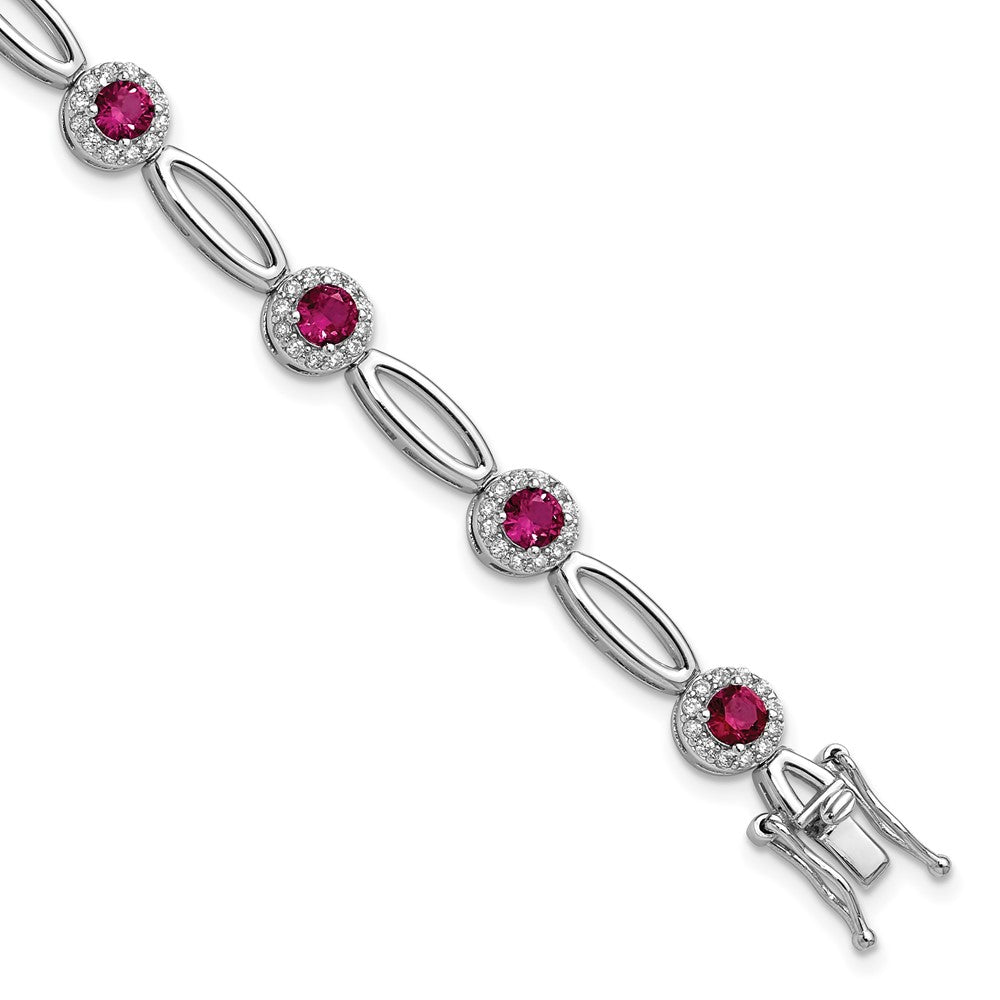 Sterling Silver Cheryl M Rhodium Plated Fancy Created Ruby and CZ Bracelet