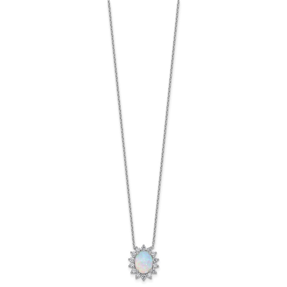 Sterling Silver Cheryl M Rhodium Plated Created Opal & CZ Oval Halo Necklace
