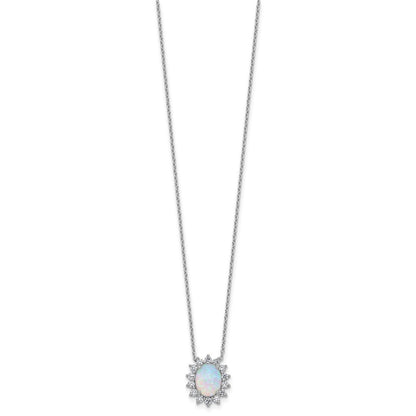 Sterling Silver Cheryl M Rhodium Plated Created Opal & CZ Oval Halo Necklace