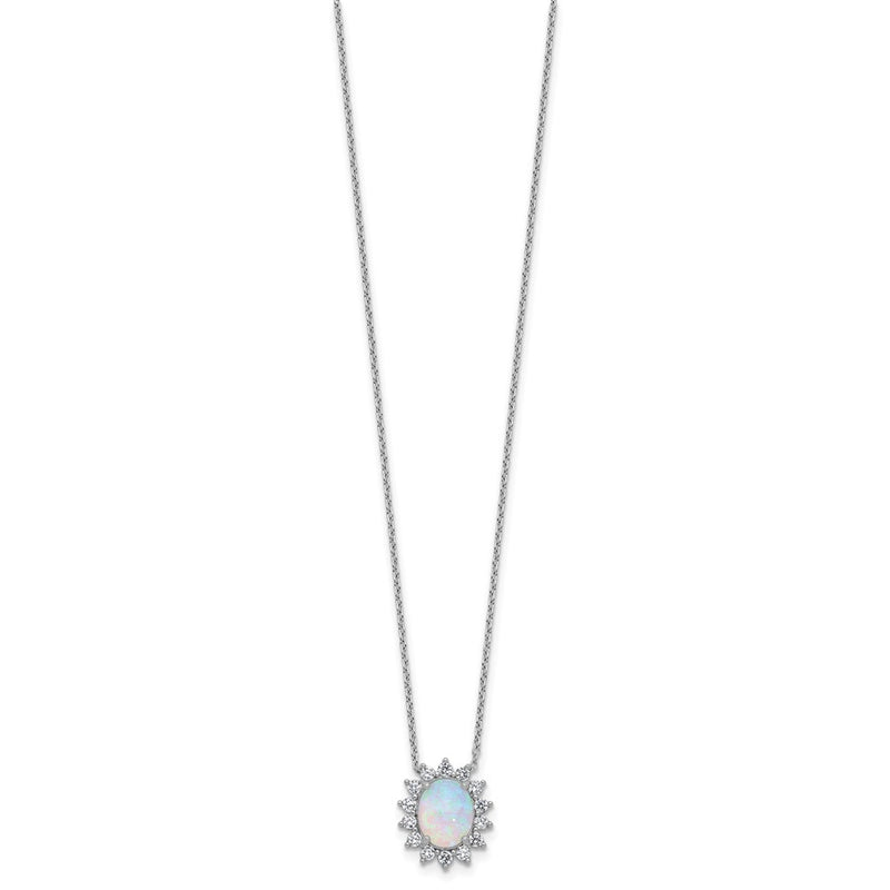 Sterling Silver Cheryl M Rhodium Plated Created Opal & CZ Oval Halo Necklace