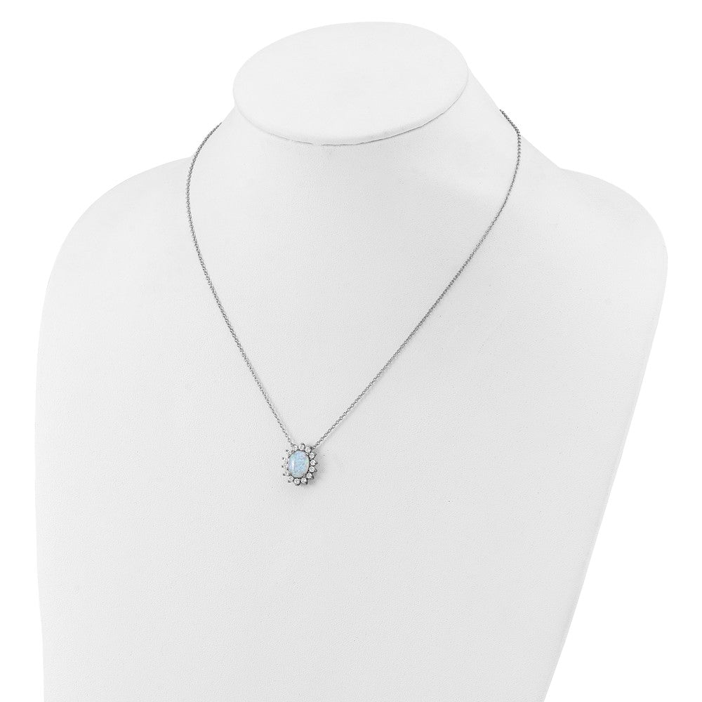 Sterling Silver Cheryl M Rhodium Plated Created Opal & CZ Oval Halo Necklace