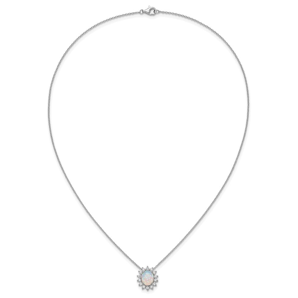 Sterling Silver Cheryl M Rhodium Plated Created Opal & CZ Oval Halo Necklace