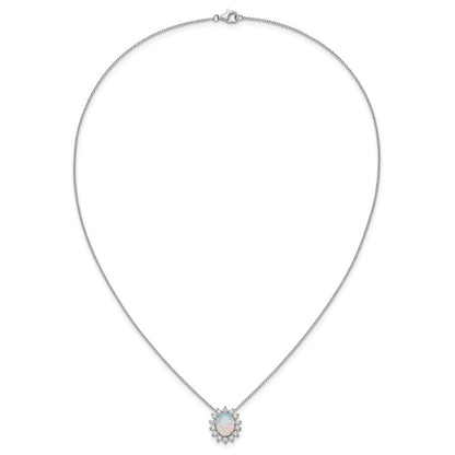 Sterling Silver Cheryl M Rhodium Plated Created Opal & CZ Oval Halo Necklace