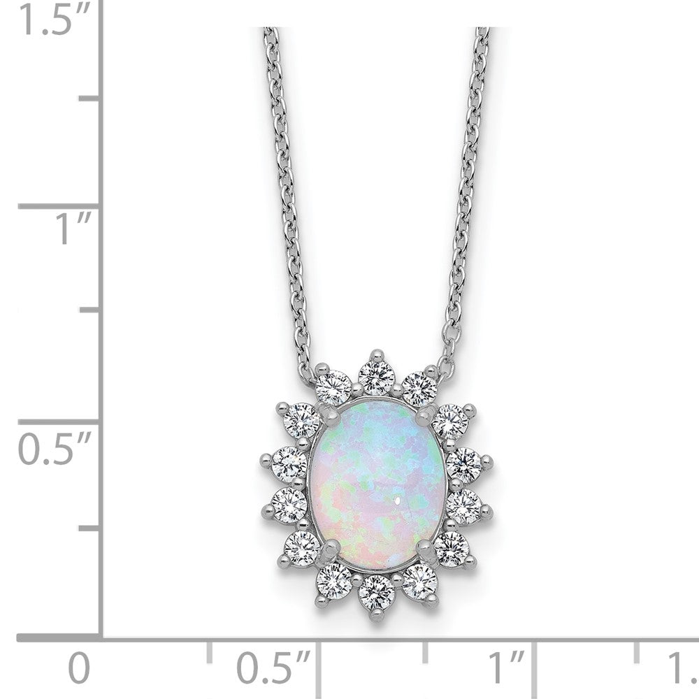 Sterling Silver Cheryl M Rhodium Plated Created Opal & CZ Oval Halo Necklace
