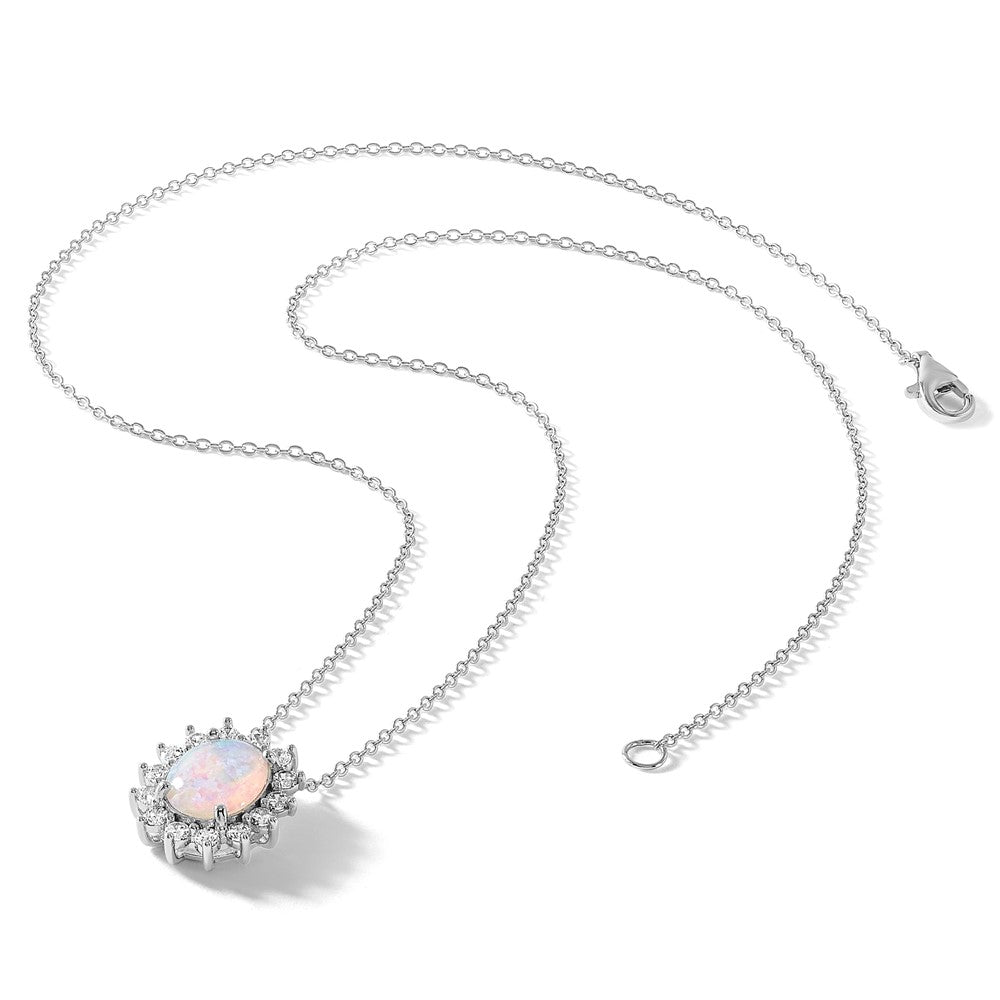 Sterling Silver Cheryl M Rhodium Plated Created Opal & CZ Oval Halo Necklace