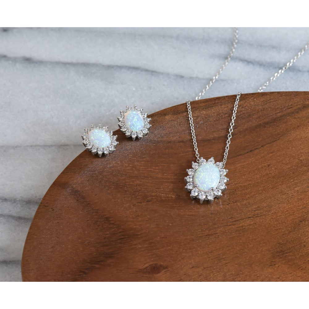Sterling Silver Cheryl M Rhodium Plated Created Opal & CZ Oval Halo Necklace