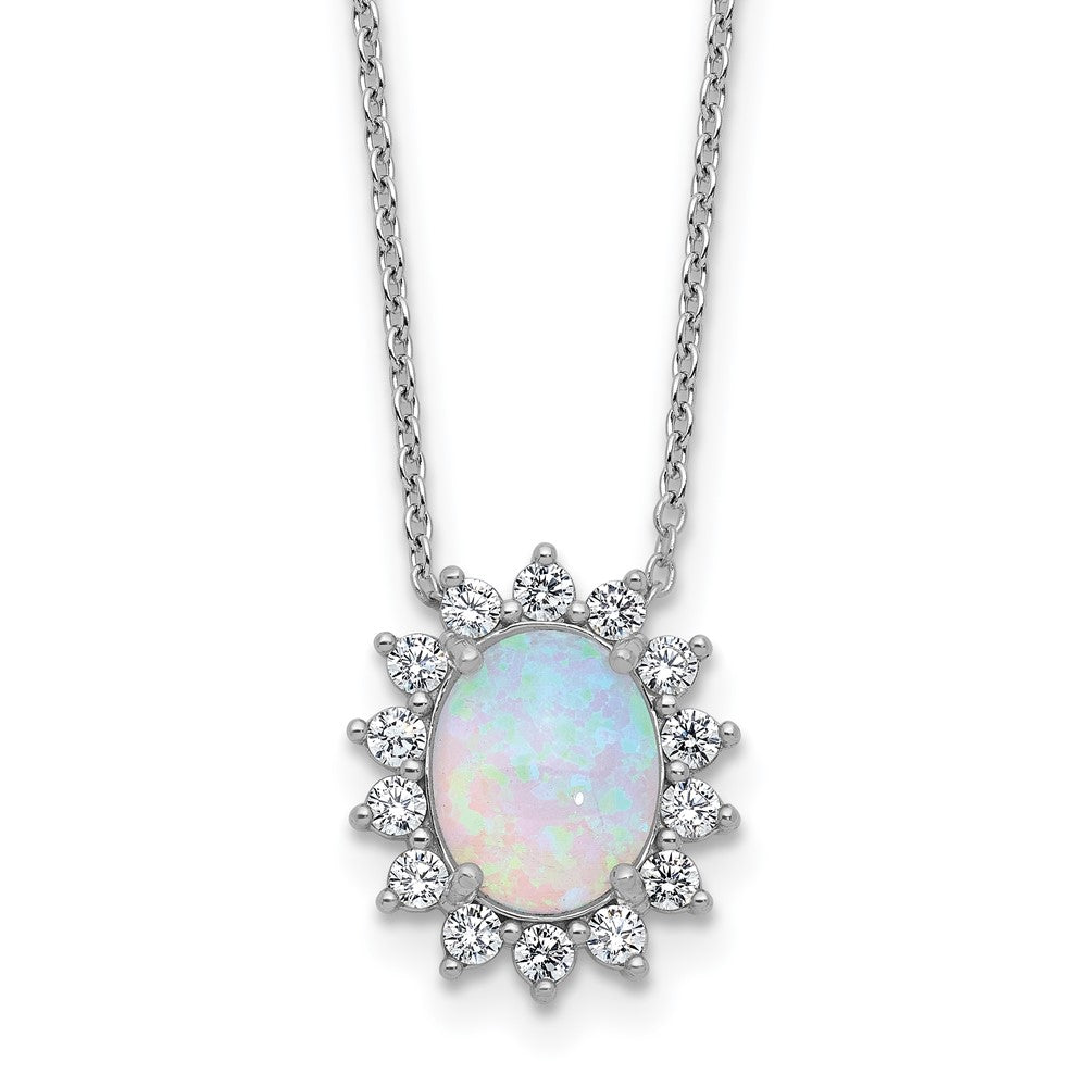 Sterling Silver Cheryl M Rhodium Plated Created Opal & CZ Oval Halo Necklace