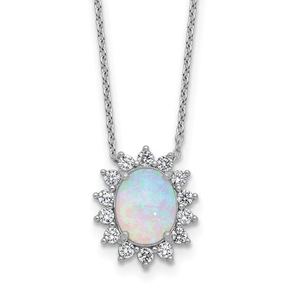 Sterling Silver Cheryl M Rhodium Plated Created Opal & CZ Oval Halo Necklace