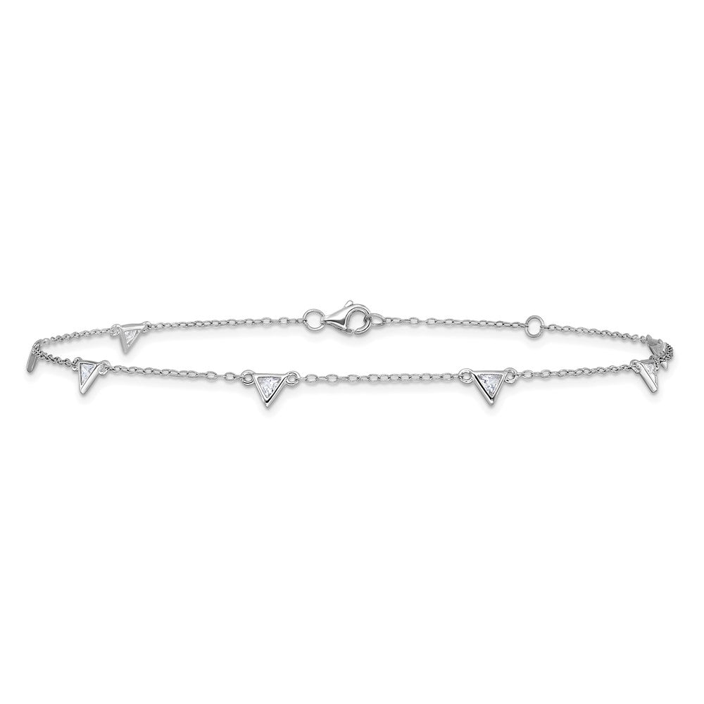 Sterling Silver Cheryl M Rh-Pltd Polished Trillion-Cut CZ 9.5in W/ 1in Ext Anklet