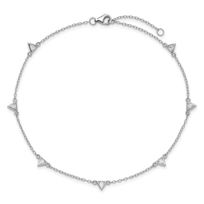 Sterling Silver Cheryl M Rh-Pltd Polished Trillion-Cut CZ 9.5in W/ 1in Ext Anklet