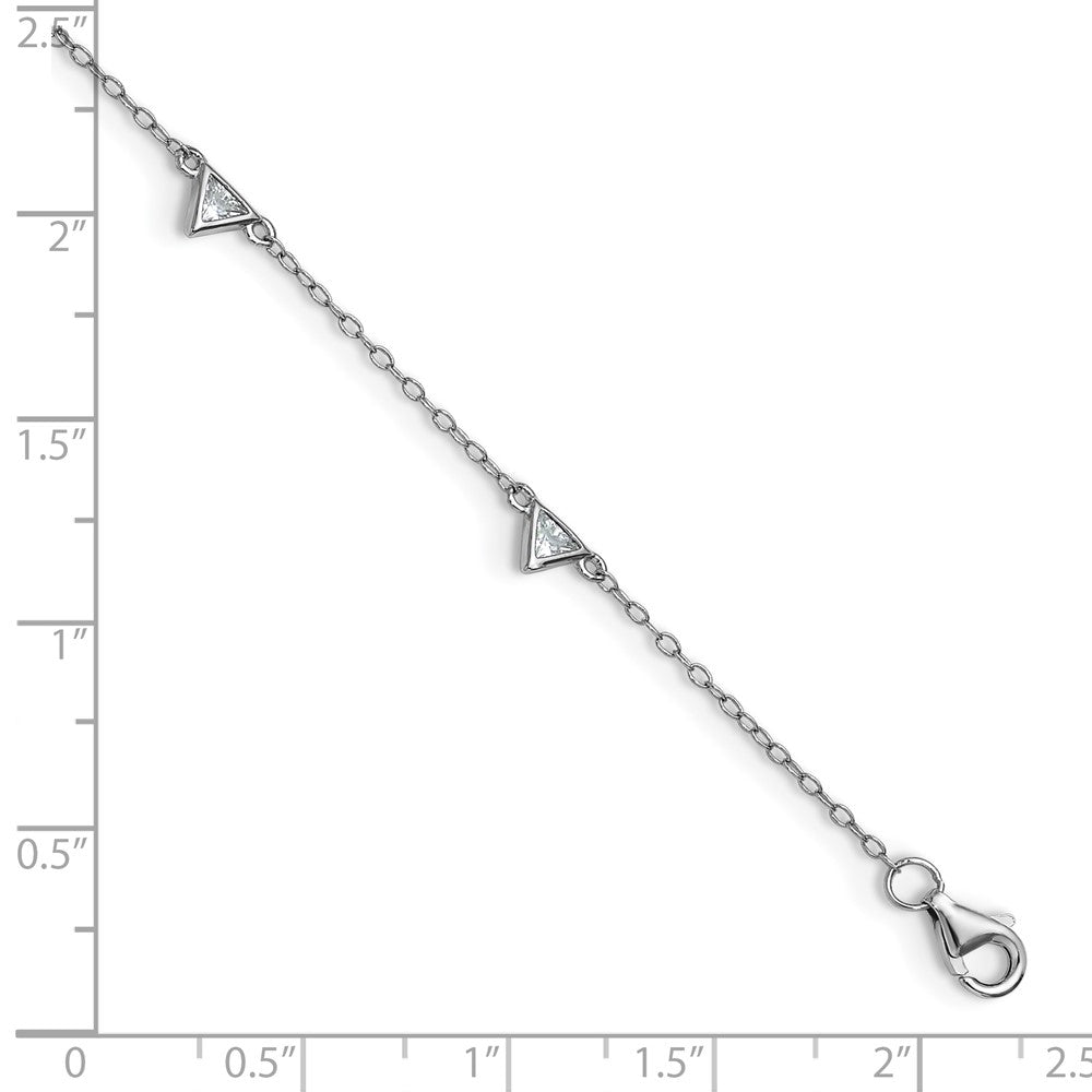 Sterling Silver Cheryl M Rh-Pltd Polished Trillion-Cut CZ 9.5in W/ 1in Ext Anklet