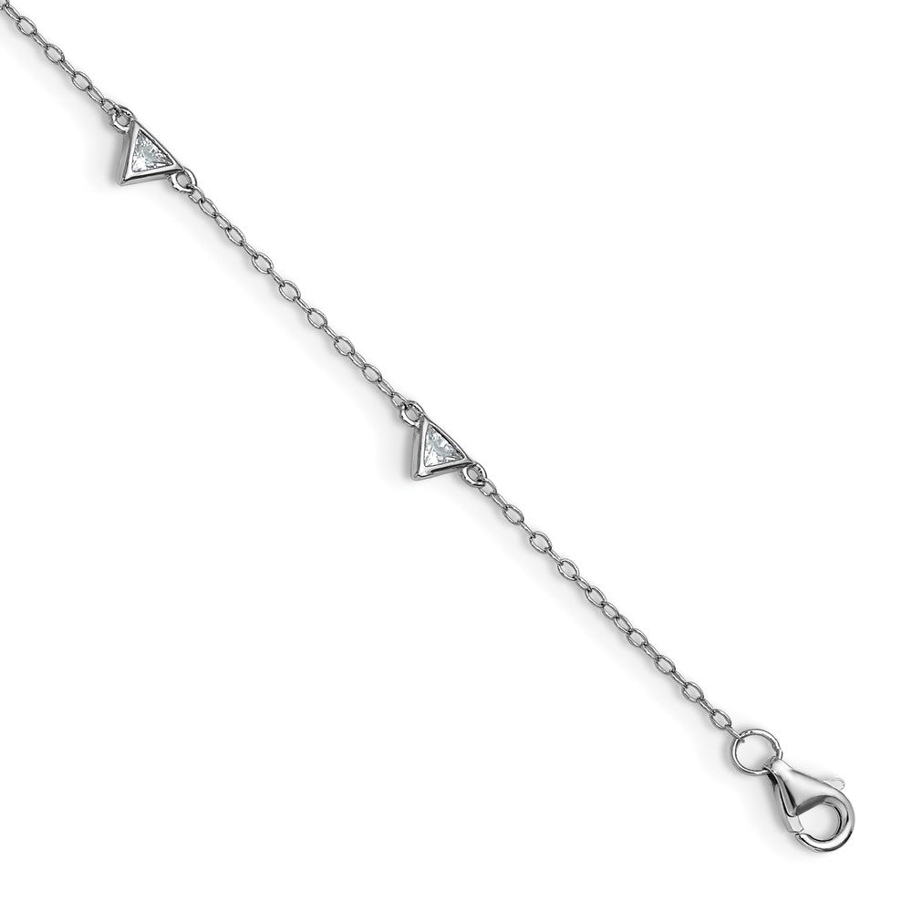 Sterling Silver Cheryl M Rh-Pltd Polished Trillion-Cut CZ 9.5in W/ 1in Ext Anklet