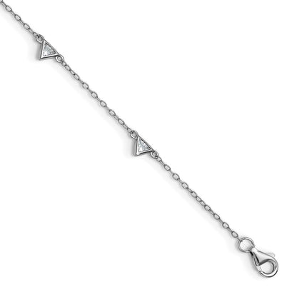 Sterling Silver Cheryl M Rh-Pltd Polished Trillion-Cut CZ 9.5in W/ 1in Ext Anklet