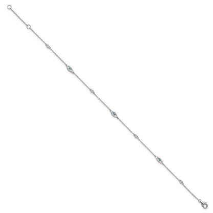 Sterling Silver Cheryl M Rh-Pltd Blue Glass & CZ Evil Eye 9.5in W/ 1in Ext Anklet