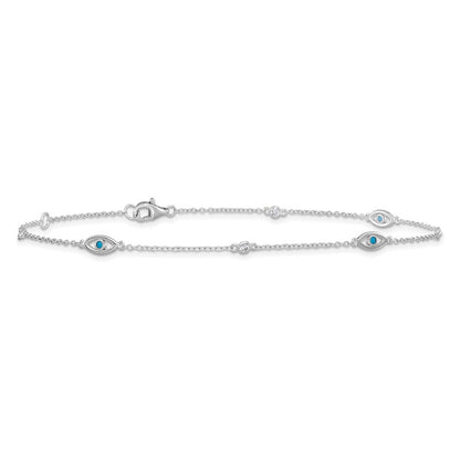 Sterling Silver Cheryl M Rh-Pltd Blue Glass & CZ Evil Eye 9.5in W/ 1in Ext Anklet