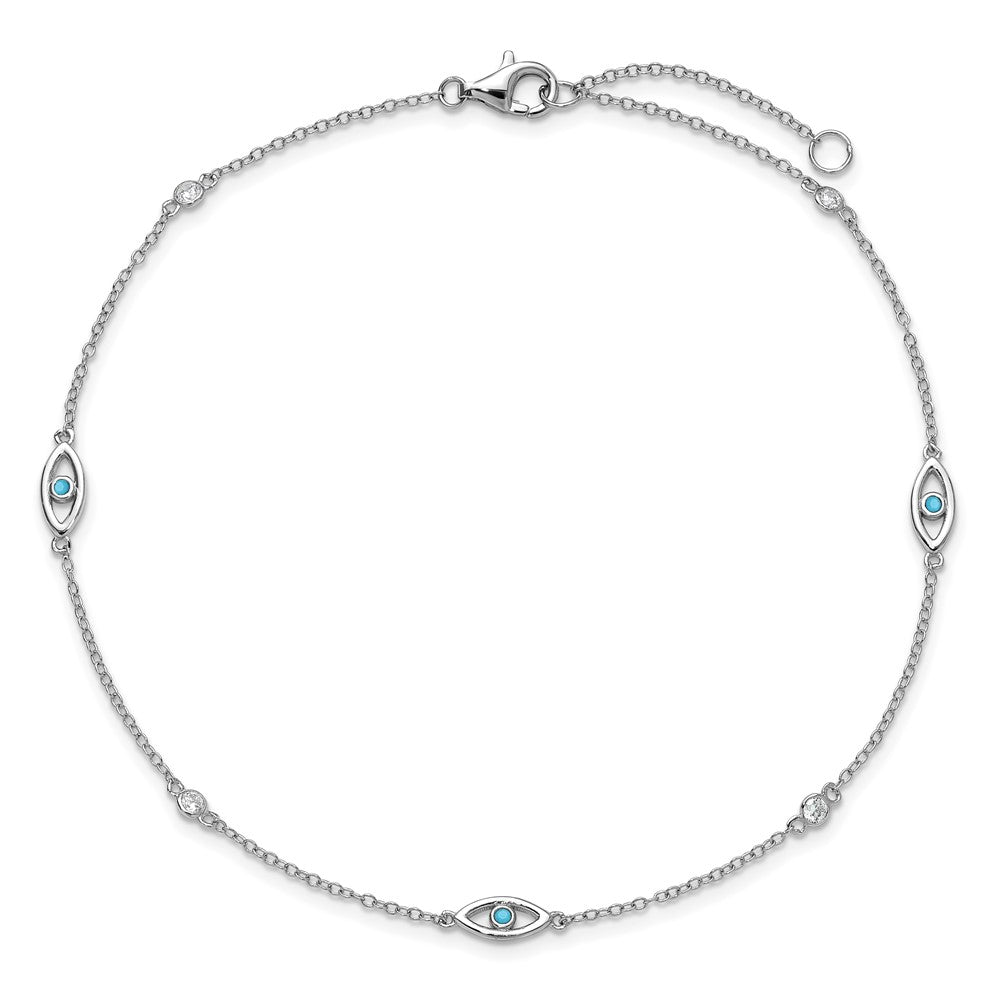 Sterling Silver Cheryl M Rh-Pltd Blue Glass & CZ Evil Eye 9.5in W/ 1in Ext Anklet