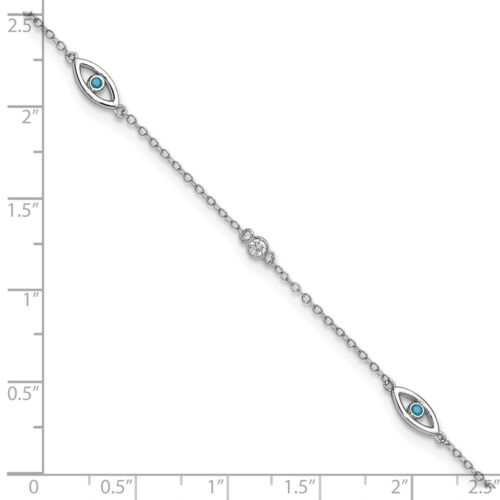 Sterling Silver Cheryl M Rh-Pltd Blue Glass & CZ Evil Eye 9.5in W/ 1in Ext Anklet